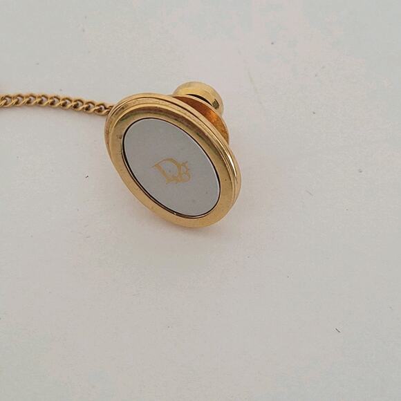 Christian Dior Tie Necktie Pin Clasp Gold Tone Logo Oval Vintage Small Logo - Picture 2 of 5